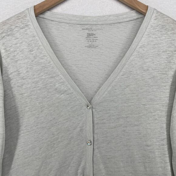 MAJESTIC FILATURES Cardigan 4 L Swarovski Elements Linen Silk Button Front Gray - Picture 4 of 13